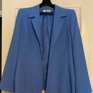Kasper 2 piece suit, blue jacket with black lined pants with pockets.